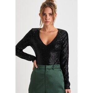 Lulus Sparkling Evenings Black Sequin V-neck Long Sleeve Bodysuit - Size XS
